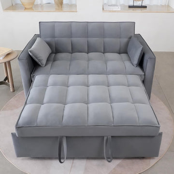 SumKea 3-in-1 Pull Out Couch, 55.3'' Convertible Futon Sofa Bed, Velvet Sleeper Loveseat with Pillows, Pockets, Small Sofa Cama for Living Room, Apartment, Grey